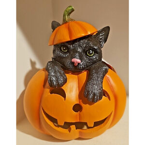 9” Halloween LIGHT UP Black Cat Sitting in Jack O Lantern Pumpkin Figurine New